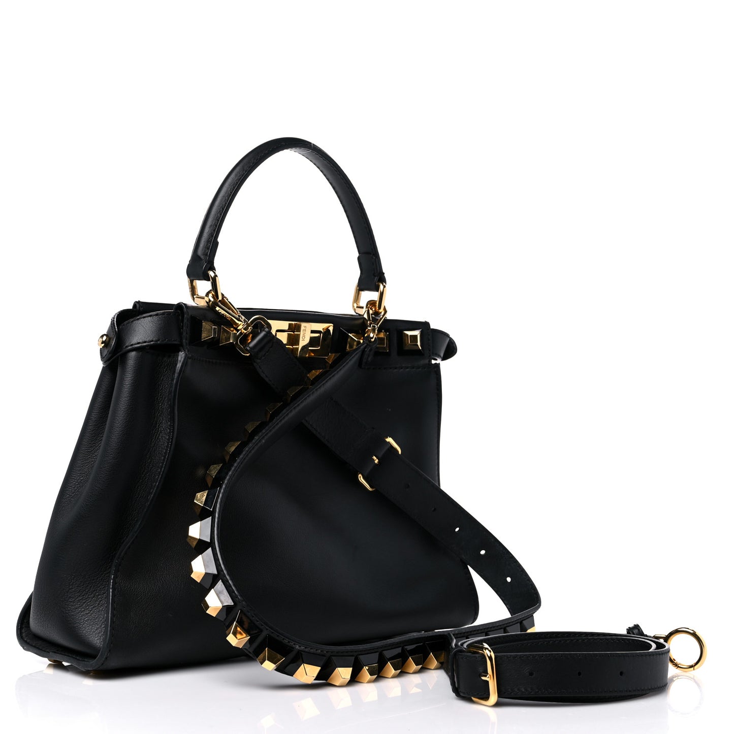 Vitello Seta Gold Studded Medium Peekaboo Iconic Satchel Black