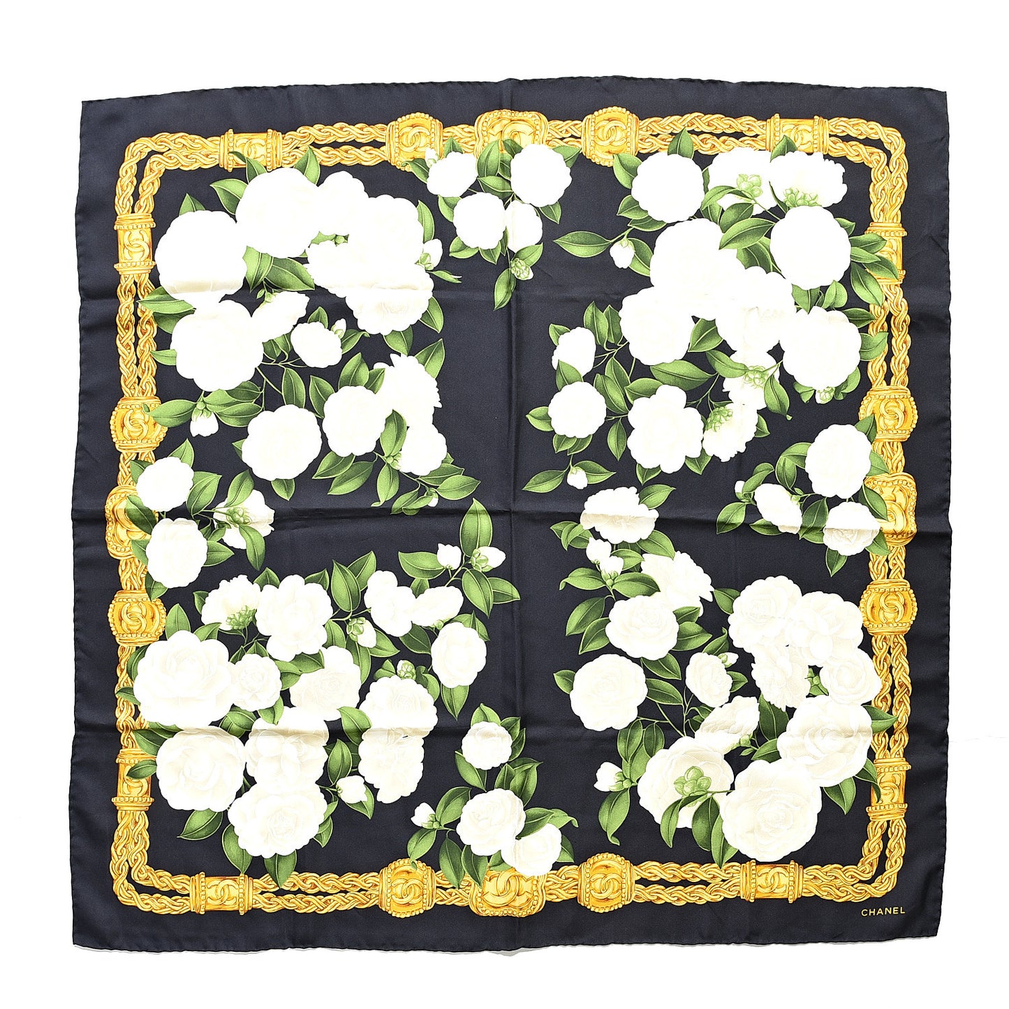 Silk CC Camellia Chain Scarf White Green Gold