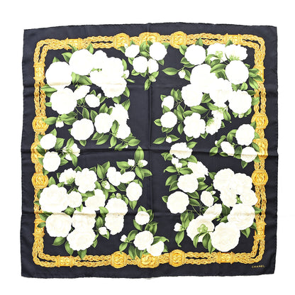 Chanel Silk CC Camellia Chain Scarf White Green Gold 1 of 4