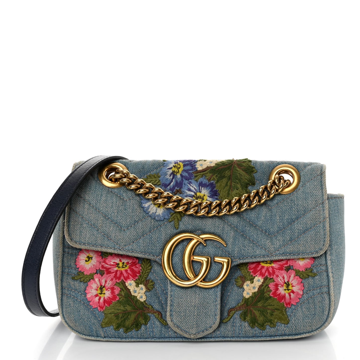 Gucci Denim Matelasse Floral Embroidered Mini GG Marmont Shoulder