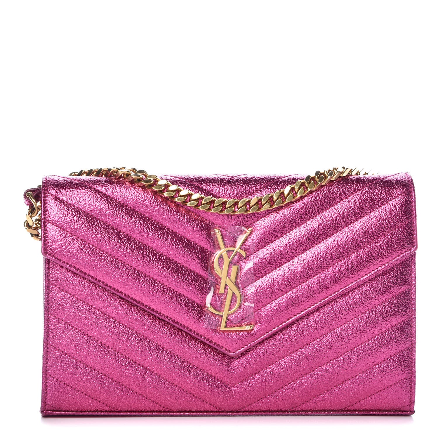 Saint Laurent Metallic Crackled Calfskin Matelasse Chevron Monogram Chain Wallet Fuchsia 1 of 11