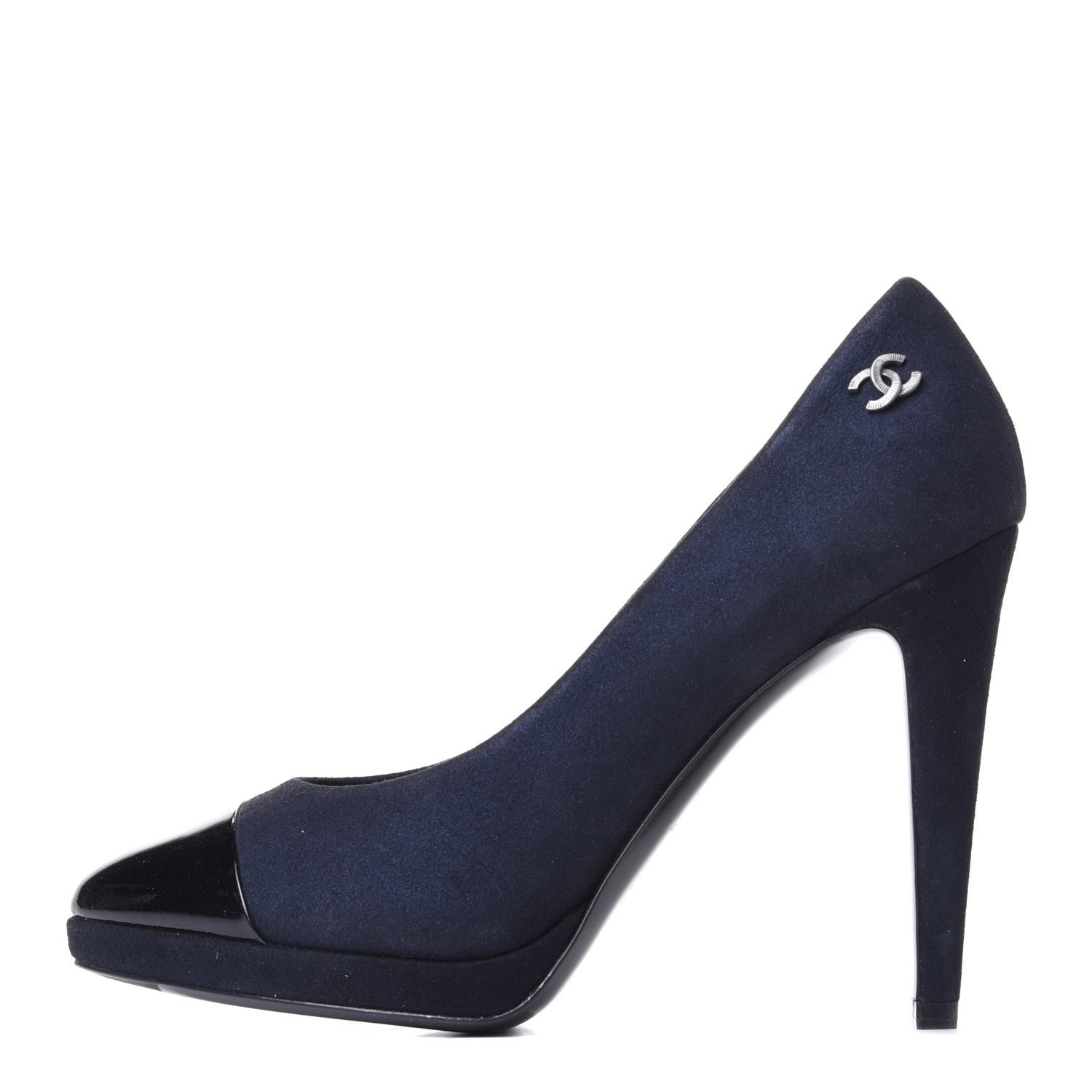 Chanel Suede Patent Calfskin Cap Toe CC Pumps 36.5 Navy 1 of 10