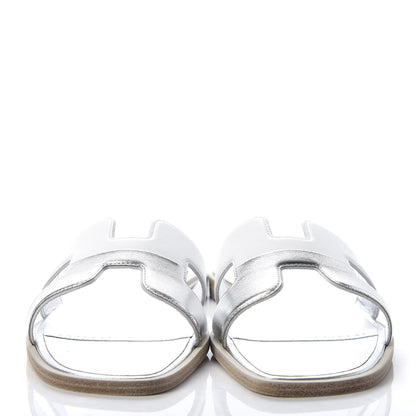 Hermes Metallic Nappa Box Oran Sandals 37 White Gris Argente 2 of 10