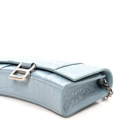 Balenciaga Shiny Calfskin Crocodile Embossed Hourglass Chain Bag Blue Grey 9 of 9