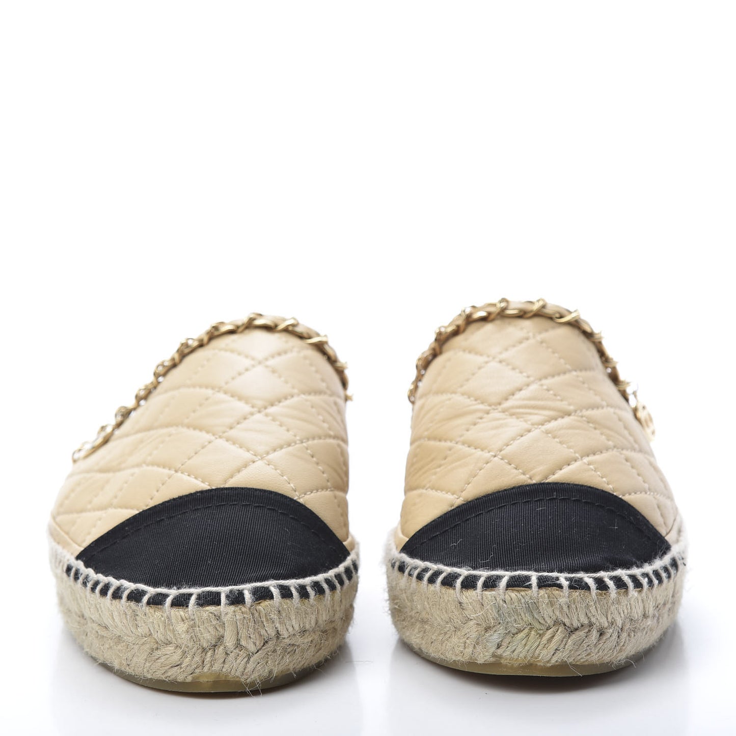 Lambskin Grosgrain Quilted CC Chain Espadrille Mules 39 Beige Black