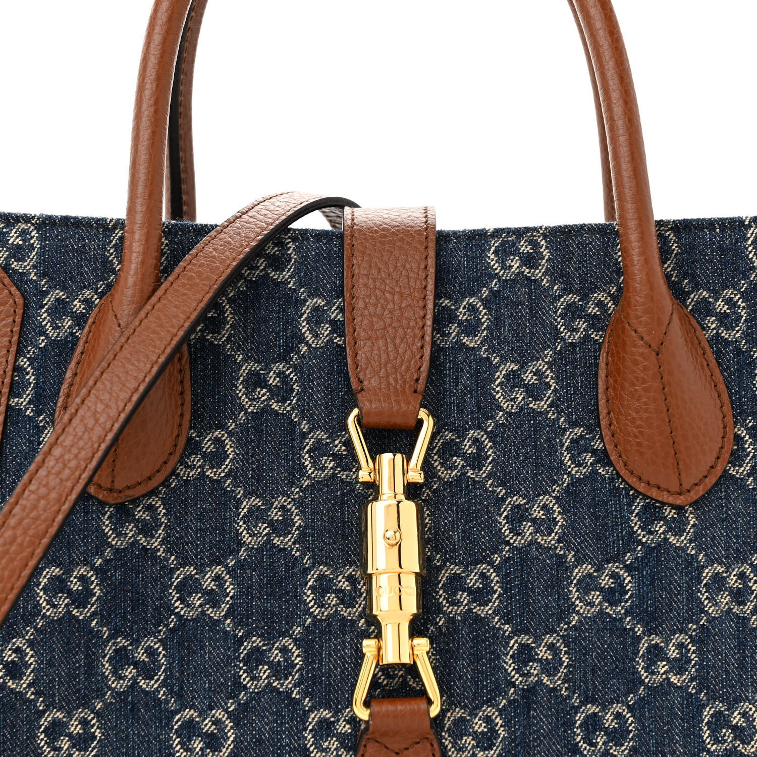 Gucci New Denim GG Monogram Dollar Calfskin Medium Jackie 1961 Tote Blue Tea Cuir Epilog 8 of 13