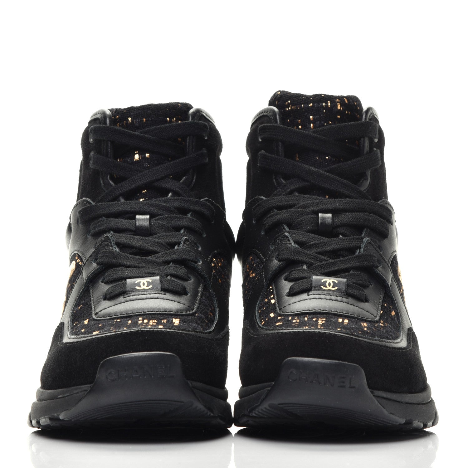 Chanel Velour Tweed CC High Top Sneakers 36 Black Gold 2 of 9
