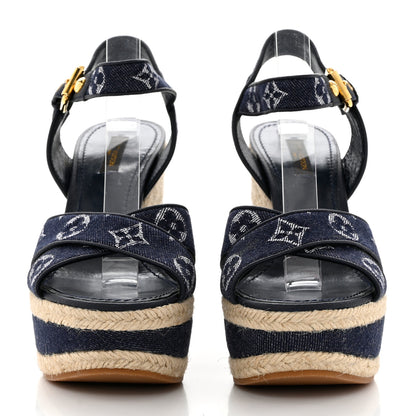 Louis Vuitton Monogram Denim Formentera Wedge Pumps 38 Grand Blue 2 of 7
