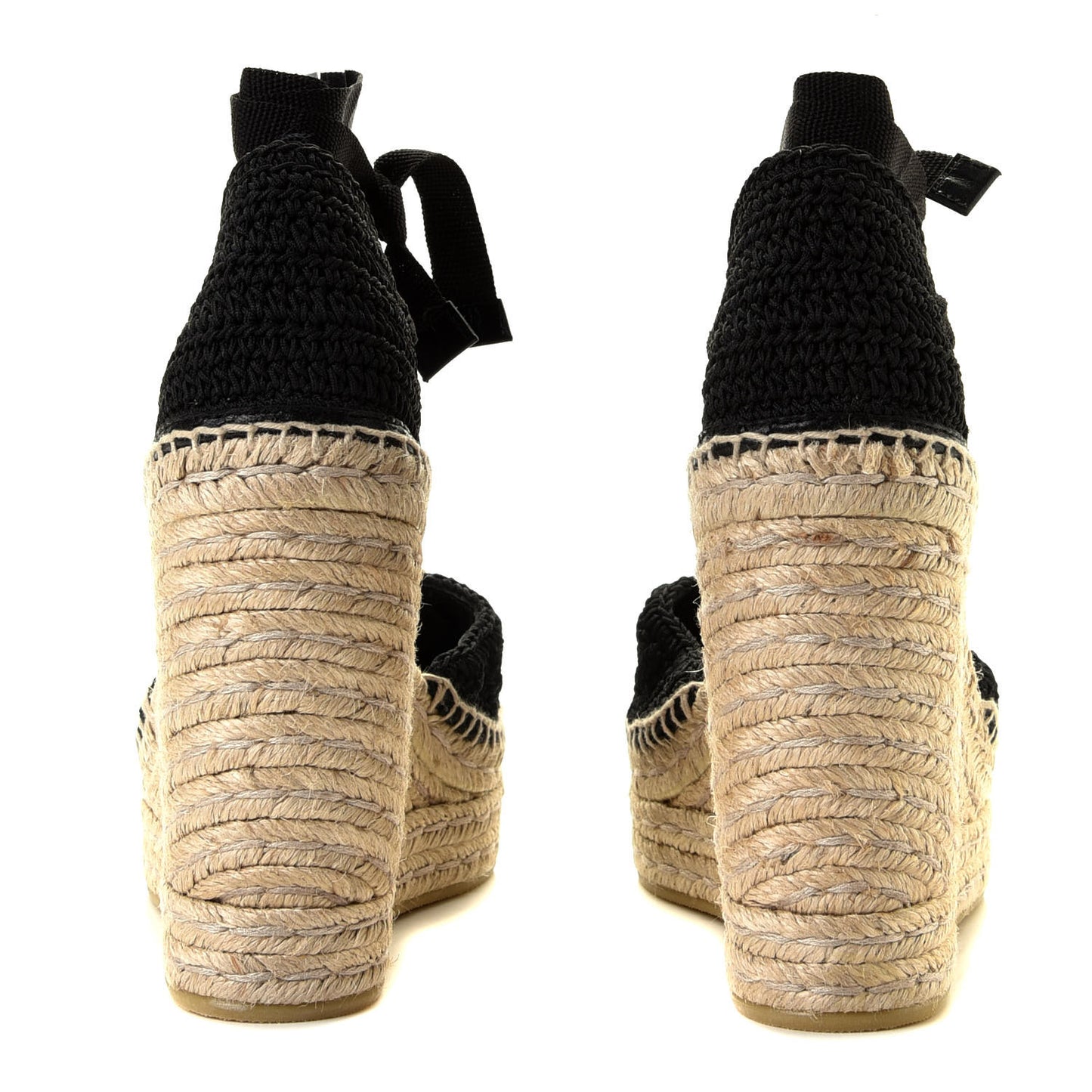 Cotton Crochet Pearly GG Ankle Wrap Platform Espadrille Wedges 39 Black