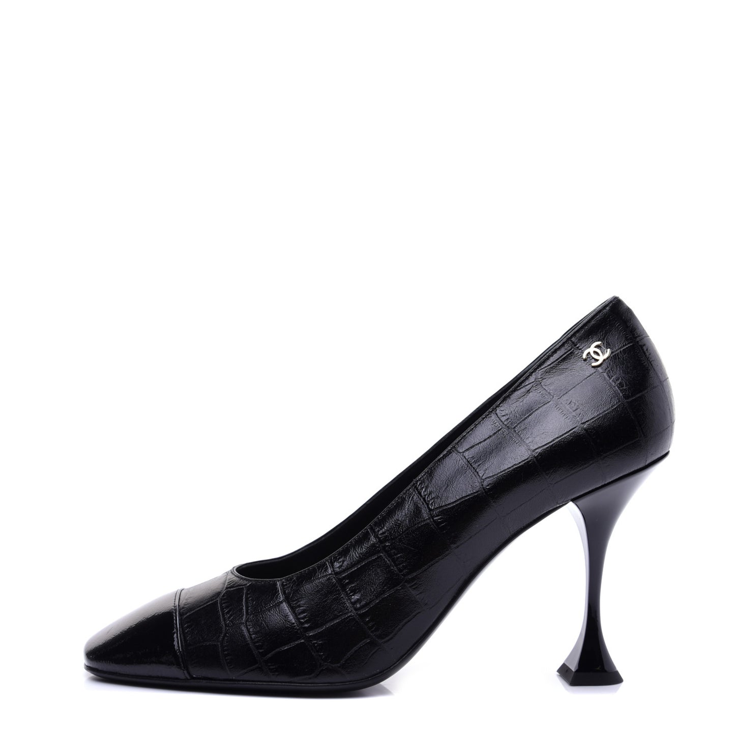 Crocodile Embossed Crumpled Patent Cap Toe Pumps 39.5 Black