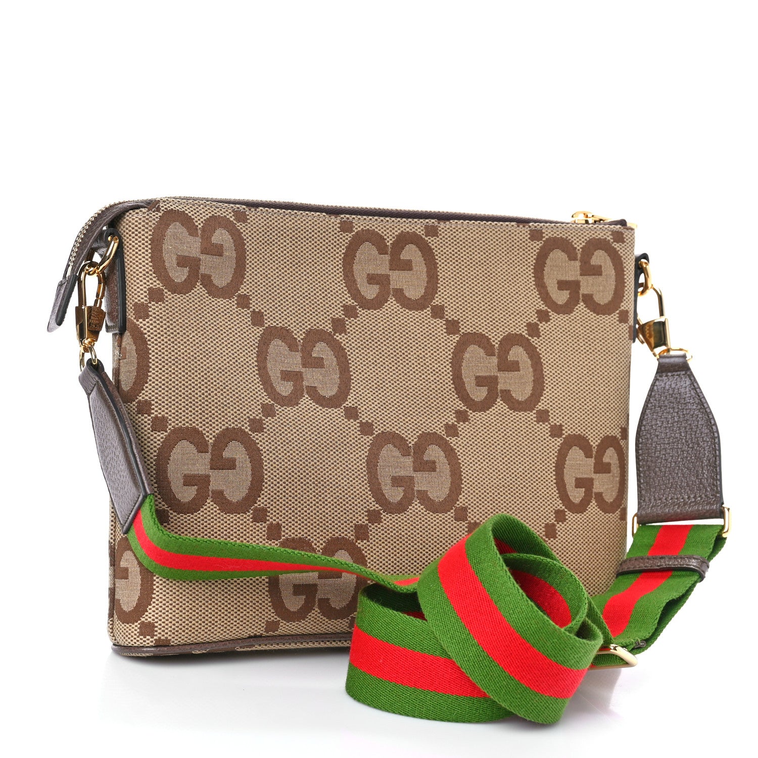 Gucci Monogram Jumbo GG Textured Dollar Calfskin Web Wristlet Messenger Bag Camel Ebony New Acero 3 of 8