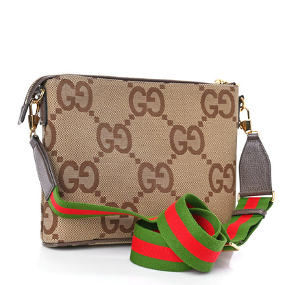 Gucci Monogram Jumbo GG Textured Dollar Calfskin Web Wristlet Messenger Bag Camel Ebony New Acero 3 of 8