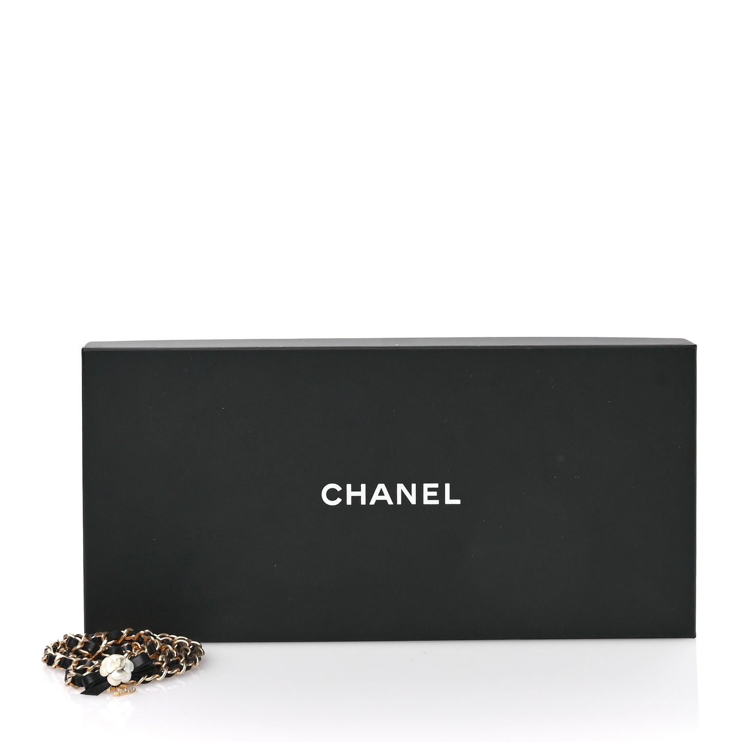 Calfskin Crystal Chain Camellia Belt Black Gold