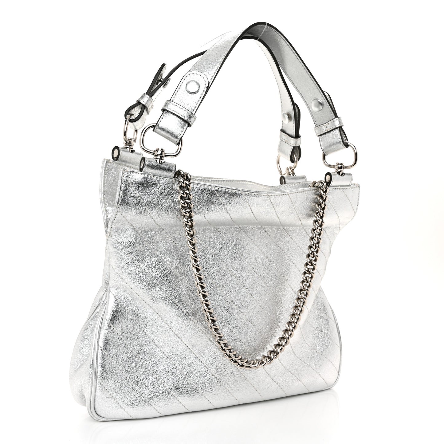 Sakai Be Green Calfskin Diagonal Stitched Small Blondie Tote Silver