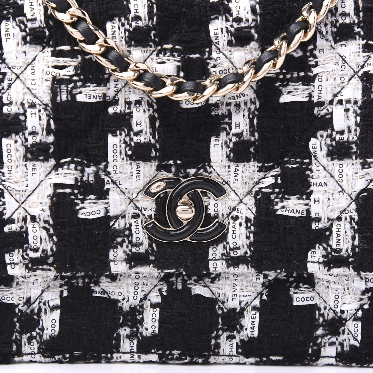 Tweed Lambskin Quilted Flap Black Ecru White