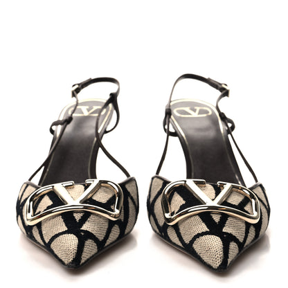 Valentino Garavani Toile Iconographe Vlogo Slingback 80mm Pumps 39 Naturale Black Fondant 2 of 10