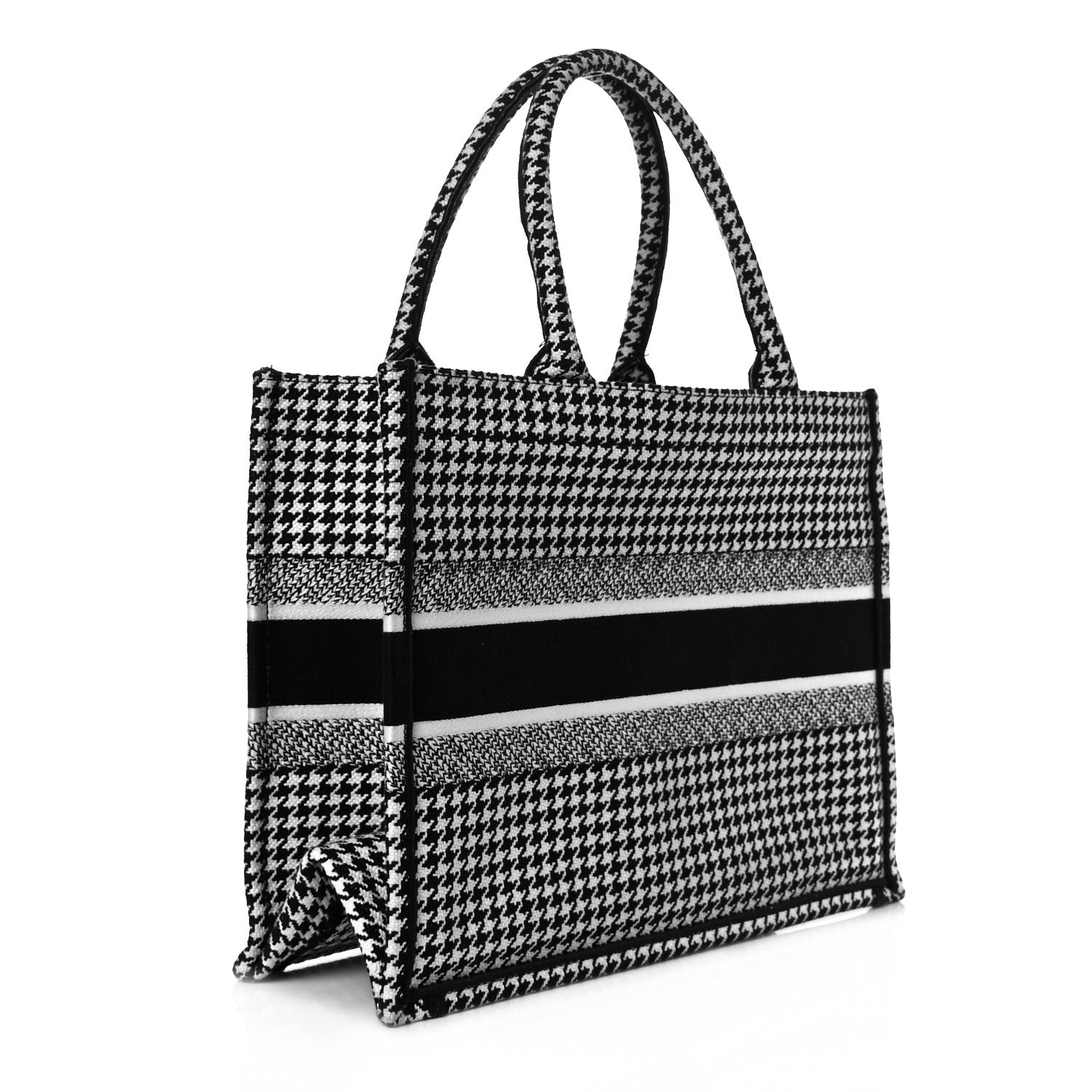 Christian Dior Canvas Houndstooth Embroidered Medium Book Tote Black White 3 of 8