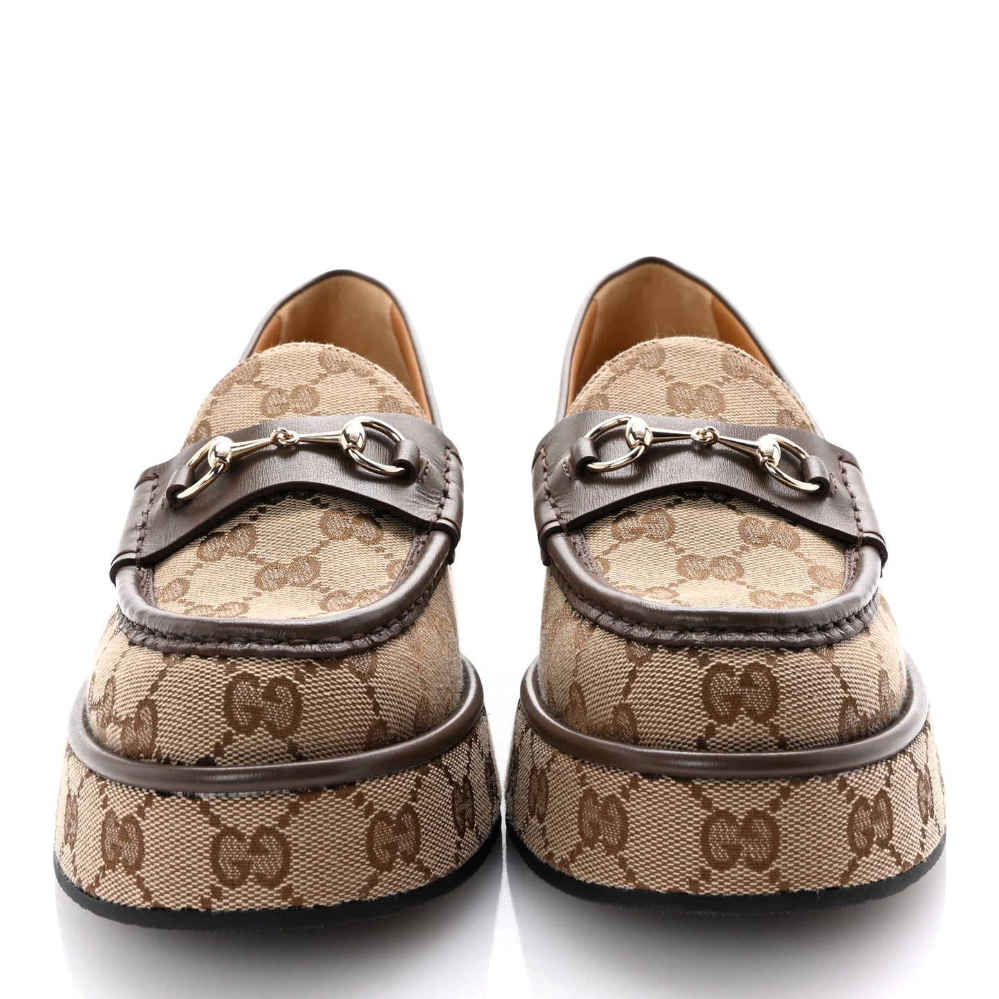 Monogram Horsebit Calfskin Womens Horsebit Wedge Platform Loafers 41 Beige Ebony