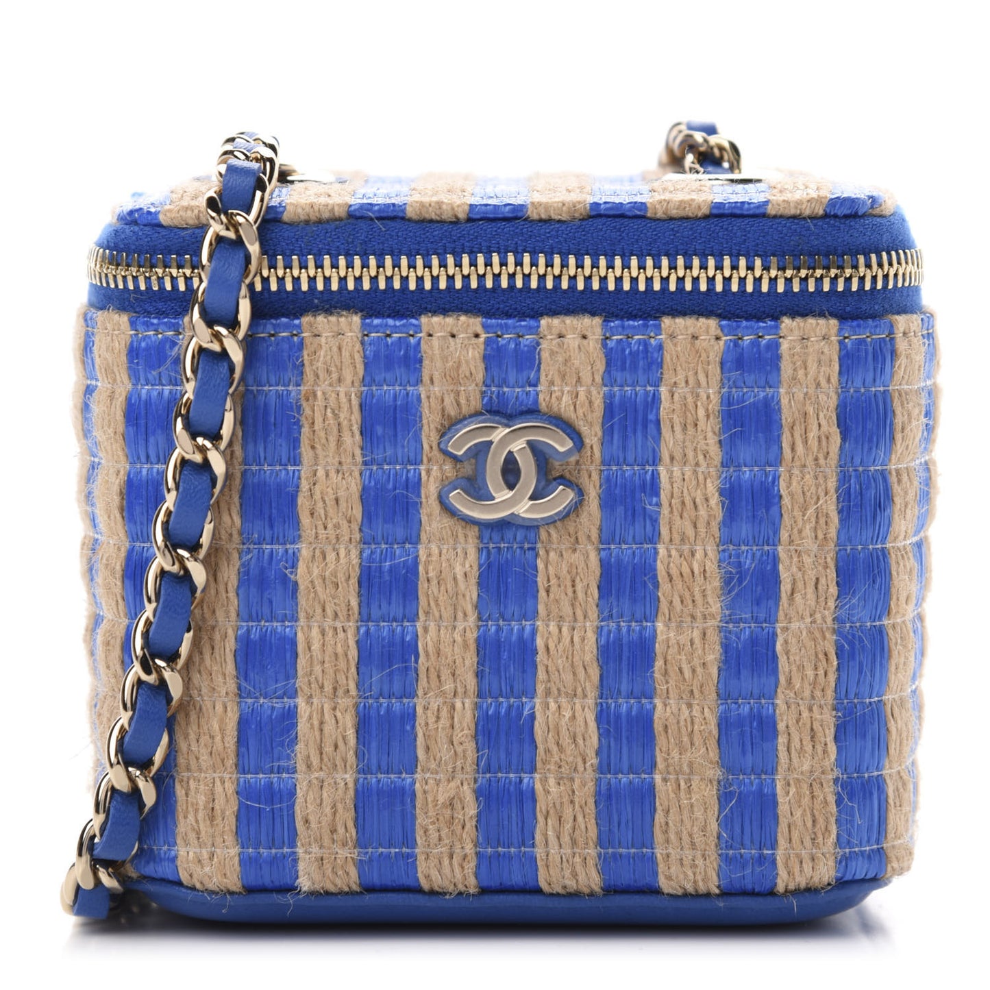 Raffia Jute Striped Mini Vanity Case With Chain Blue Beige