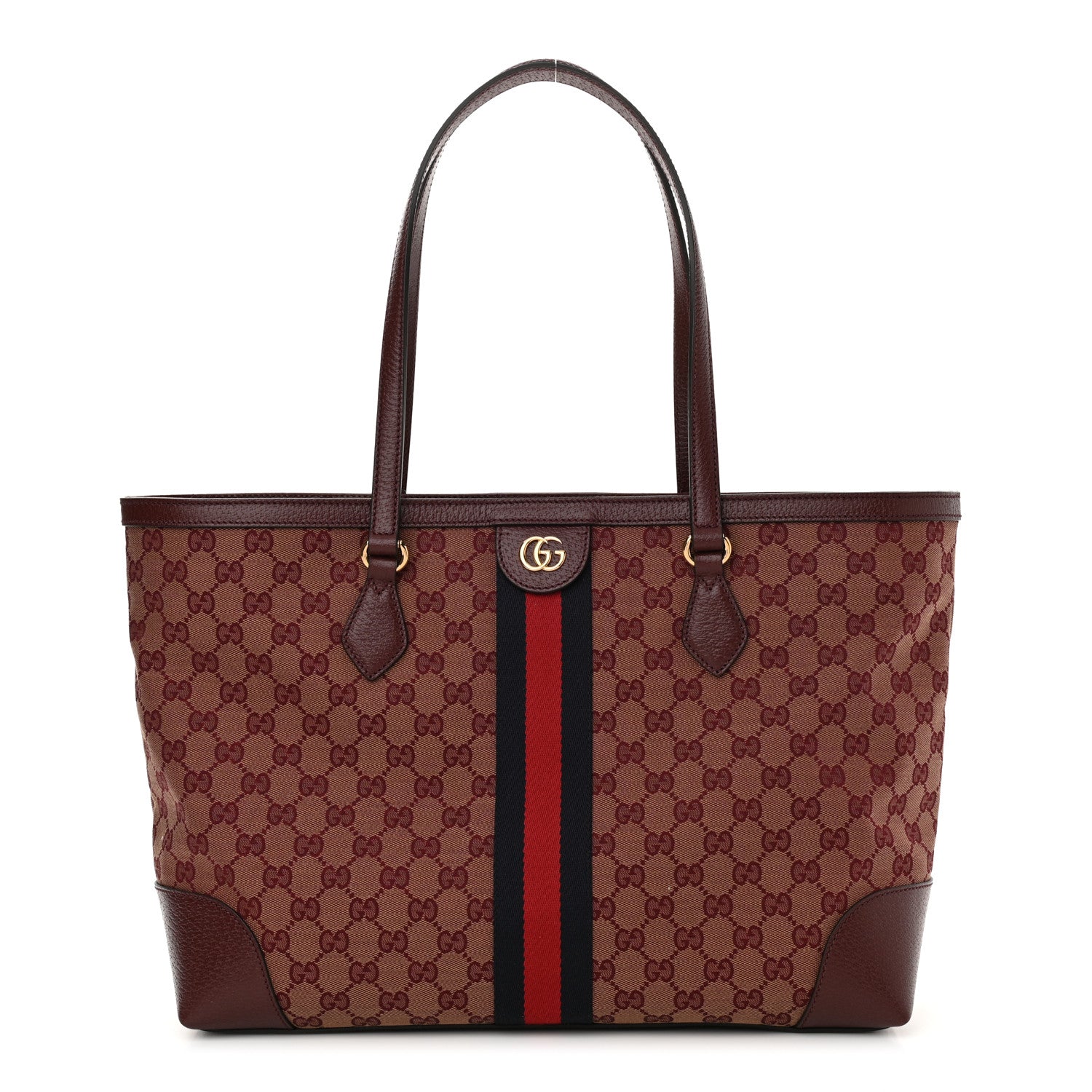 Gucci Monogram Textured Dollar Calfskin Web Medium Ophidia Shopping Tote Sahara Rubino Chardonnay 1 of 11