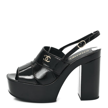 Chanel Crumpled Patent Lambskin Platform Sandals 41 Black 1 of 9
