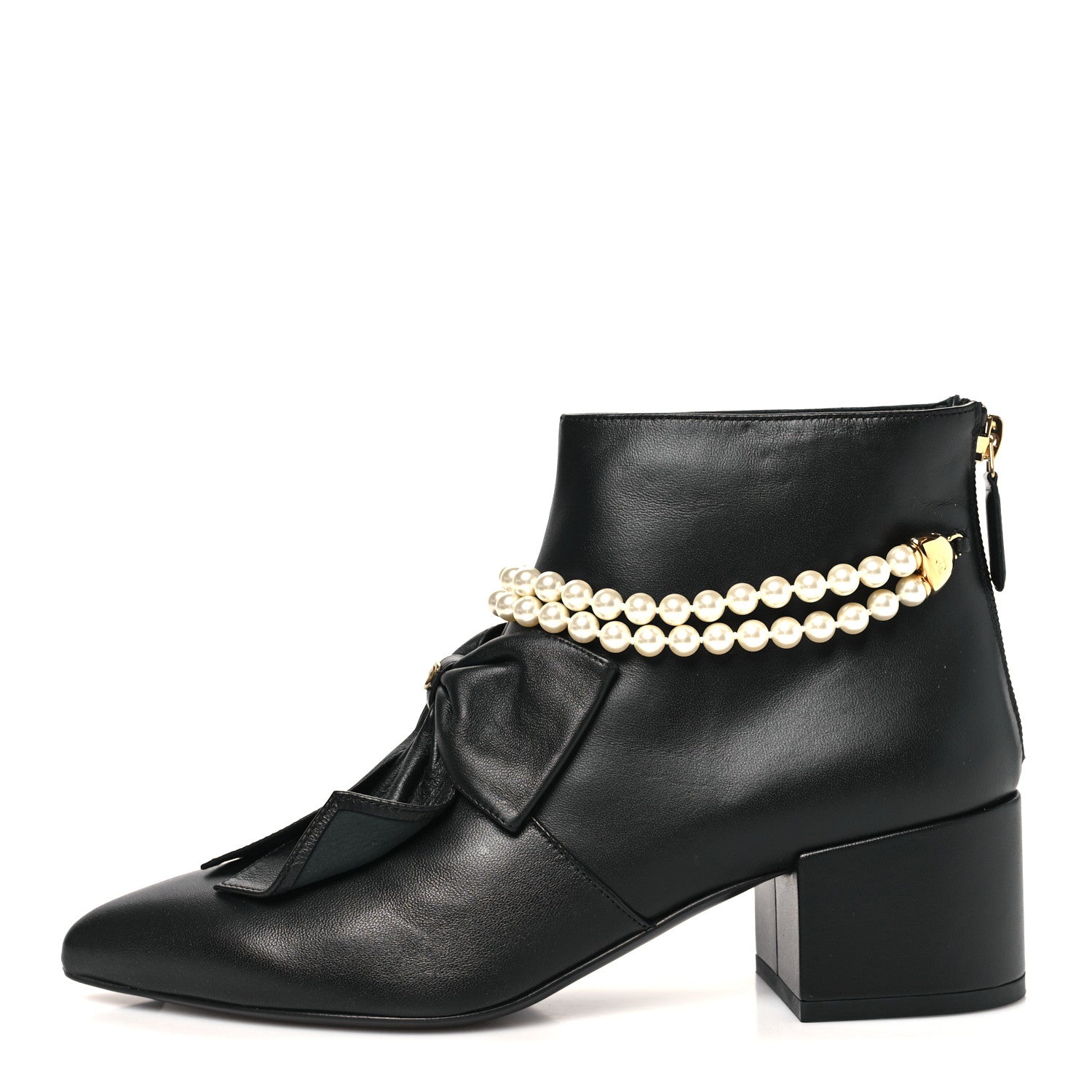 Chanel Lambskin Pearl Bow Short Boots 37.5 Black 1 of 10