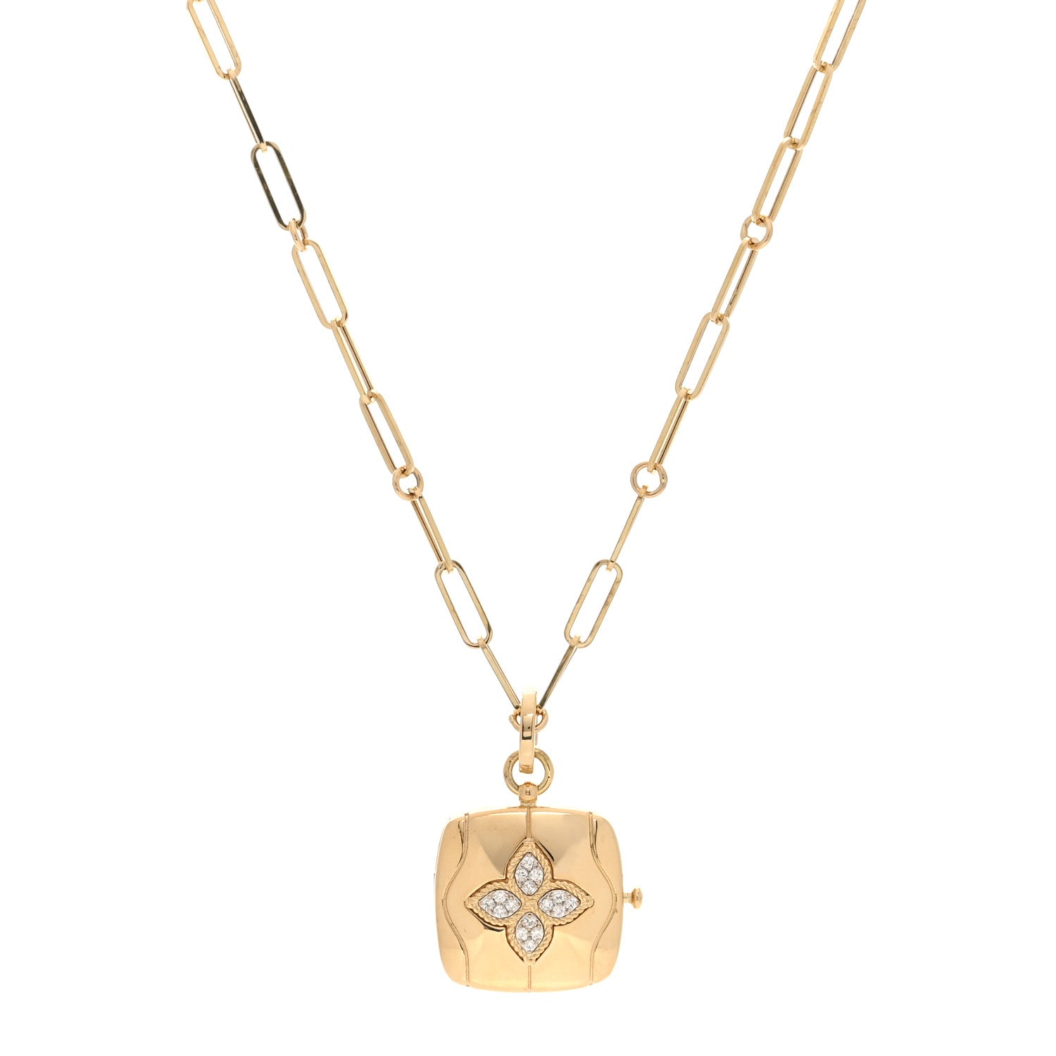 Roberto Coin 18K Yellow Gold Diamond Princess Flower Locket Pendant Necklace 1 of 5