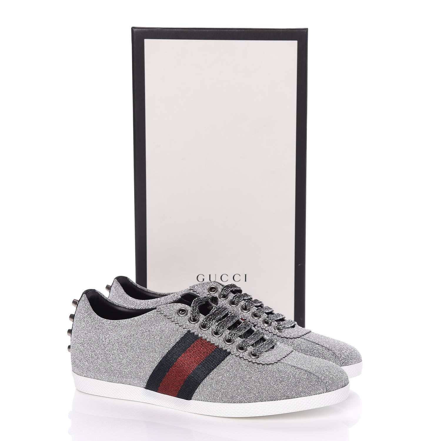 Gucci Glitter Fabric Studded Web Sneakers 36.5 Silver 11 of 11