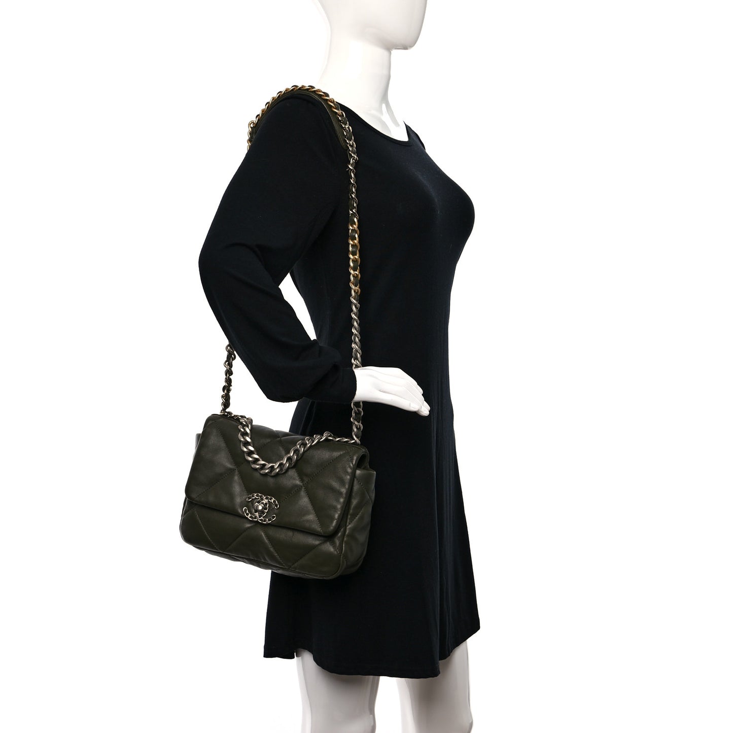 Lambskin Quilted Medium Chanel 19 Flap Khaki