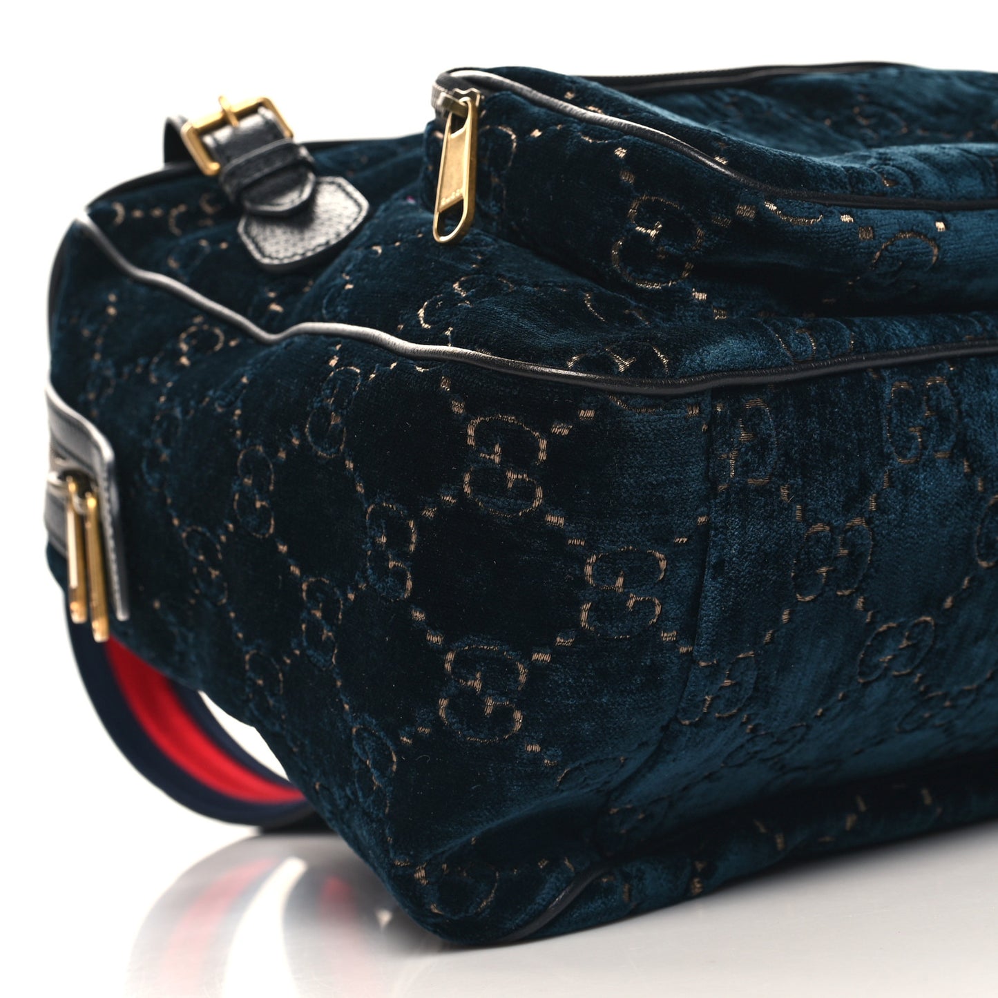 Velvet GG Monogram Textured Calfskin Web Small Double Buckle Backpack Blue Beige Black