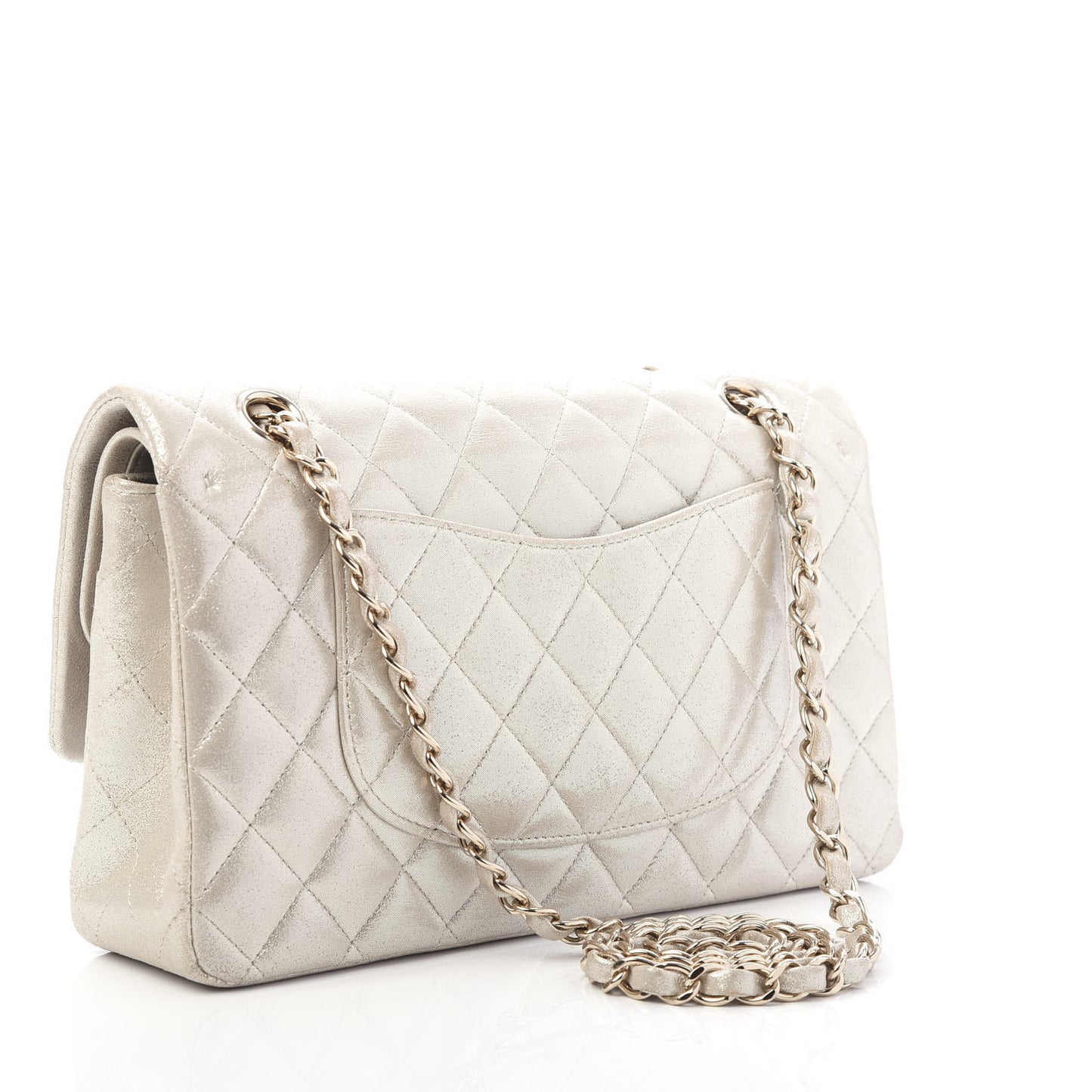 Iridescent Calfskin Quilted Medium Double Flap Silver