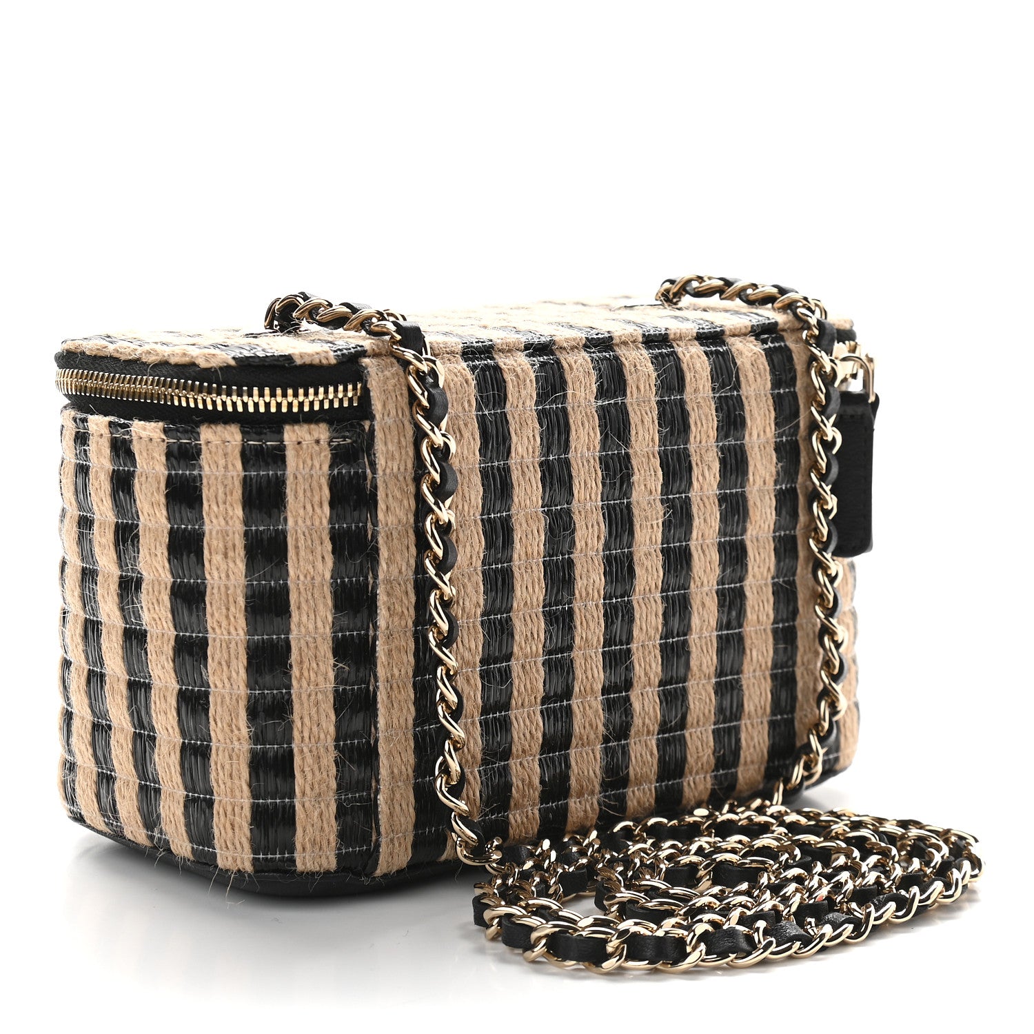 Chanel Raffia Jute Striped Small Vanity Case With Chain Black Beige 2 of 9