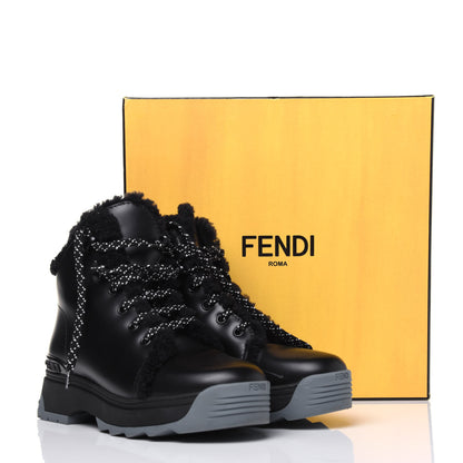 Fendi Vitello Spazzolato Shearling Womens Lace Up Biker Boots 37 Black Navy Blue White 11 of 11