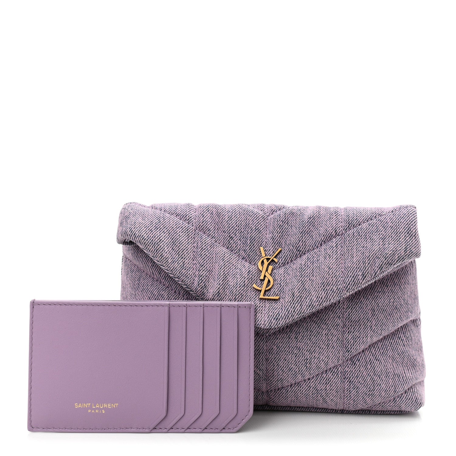 Saint Laurent Denim Quilted Loulou Puffer Monogram Pouch Clutch Bleached Lilac 1 of 9