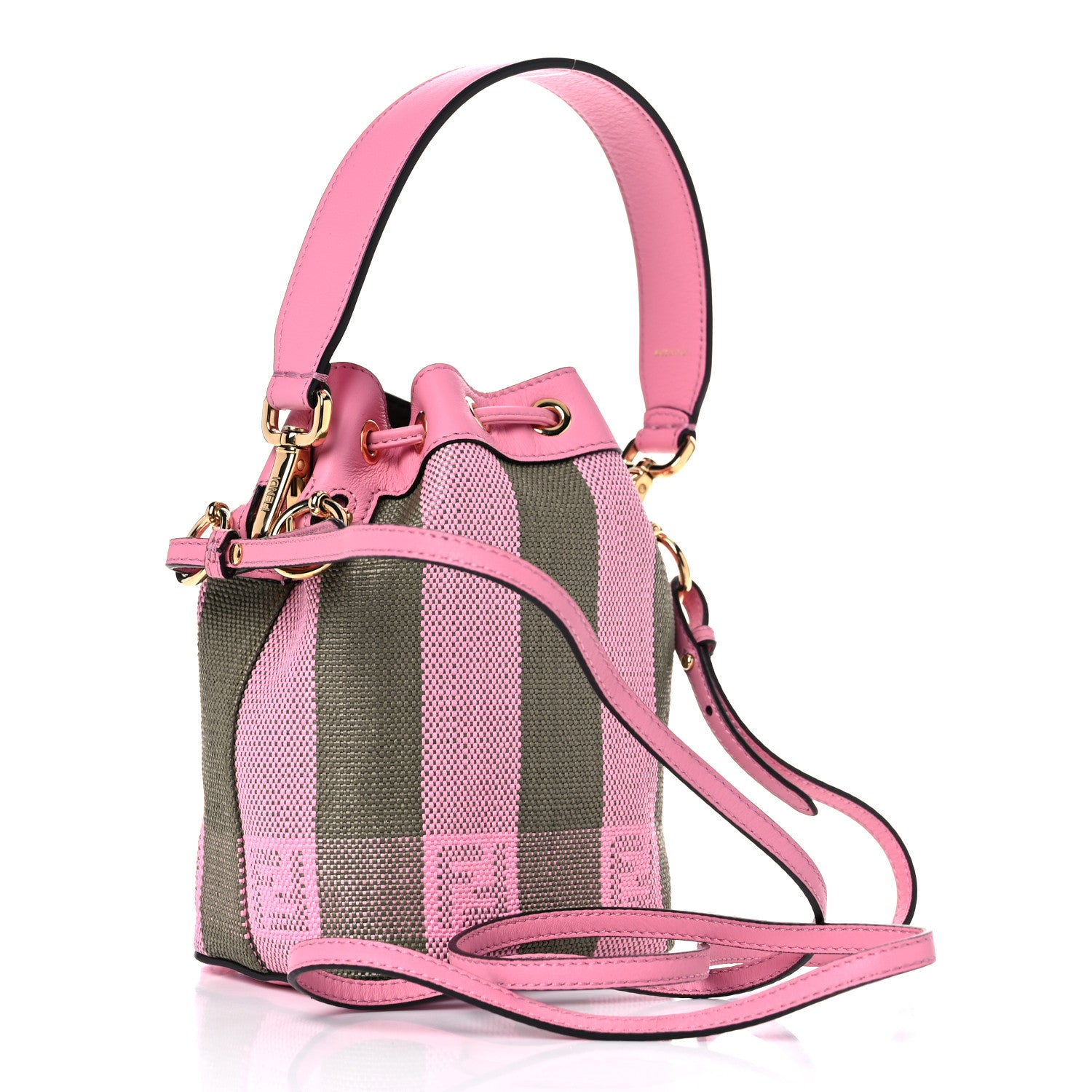 Fendi Raffia Vitello Seta F is Fendi Pequin Gingham Woven Mini Mon Tresor Bucket Bag Military Rosa Lollypop 3 of 10