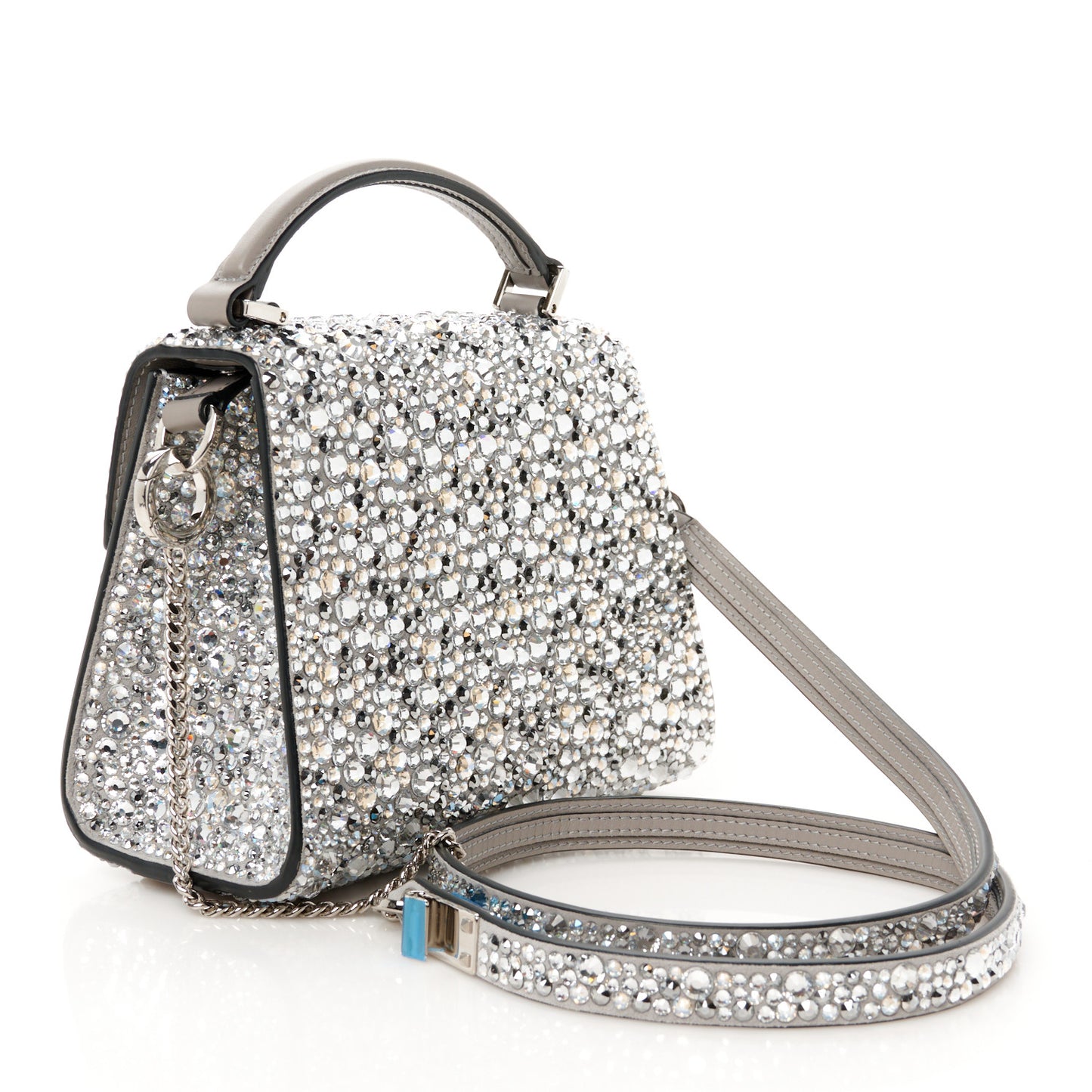 Crystal Embroidered Mini Vsling Top Handle Bag Silver