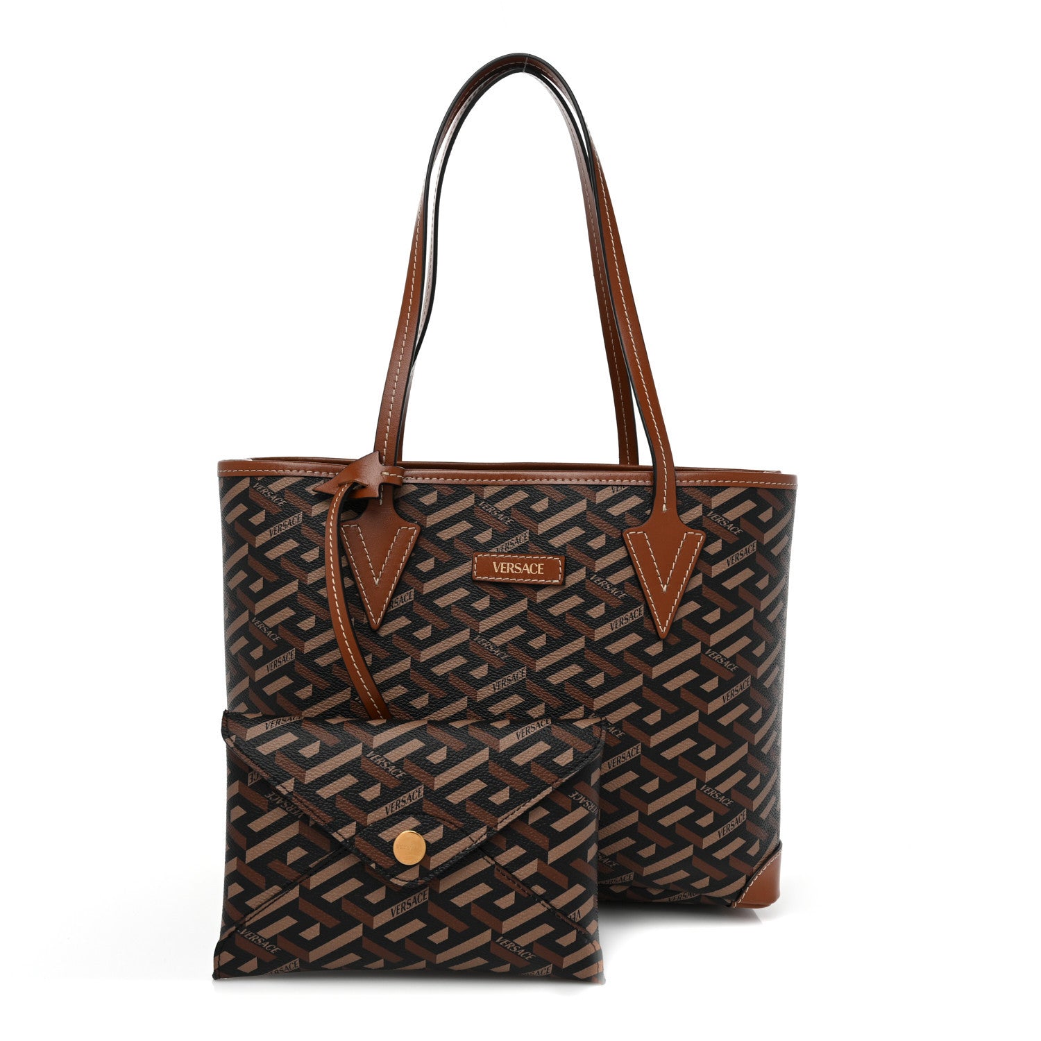 Versace Coated Canvas Calfskin La Greca Signature Shopper Tote Bag Black Caramel 1 of 10