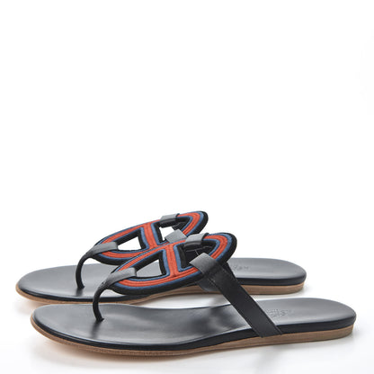 Hermes Chevre Vernis Mayotte Sandals 37 Black Multicolor 2 of 9