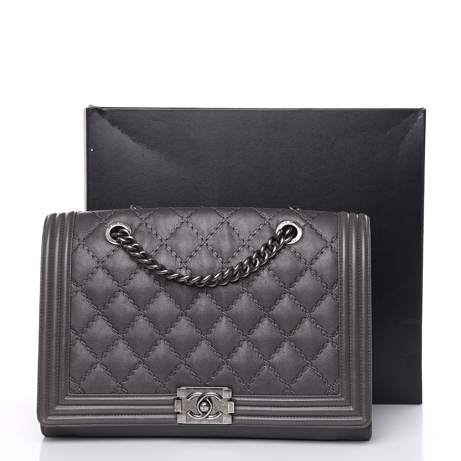 Chanel Calfskin Stitched Large Boy Shopping Tote Grey 19 of 19