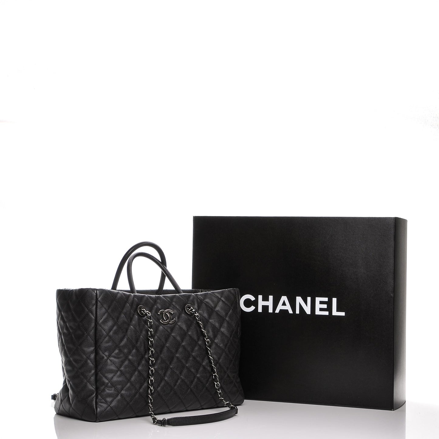 Caviar Quilted Large Coco Handle Shopping Tote Black