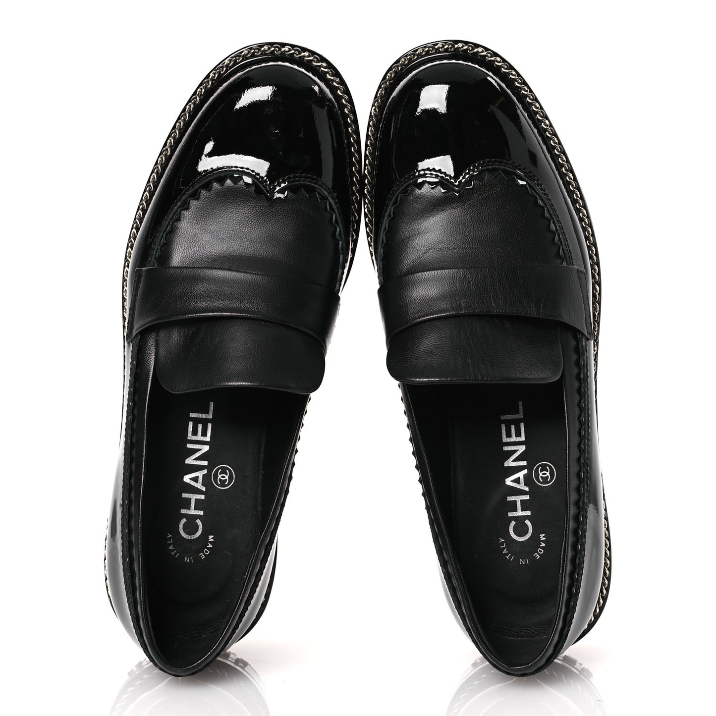 Patent Lambskin CC Chain Mocassin Loafers 37 Black