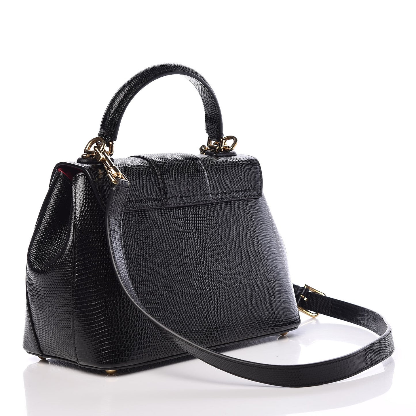 Iguana Calfskin Embossed Lucia Top Handle Bag Black