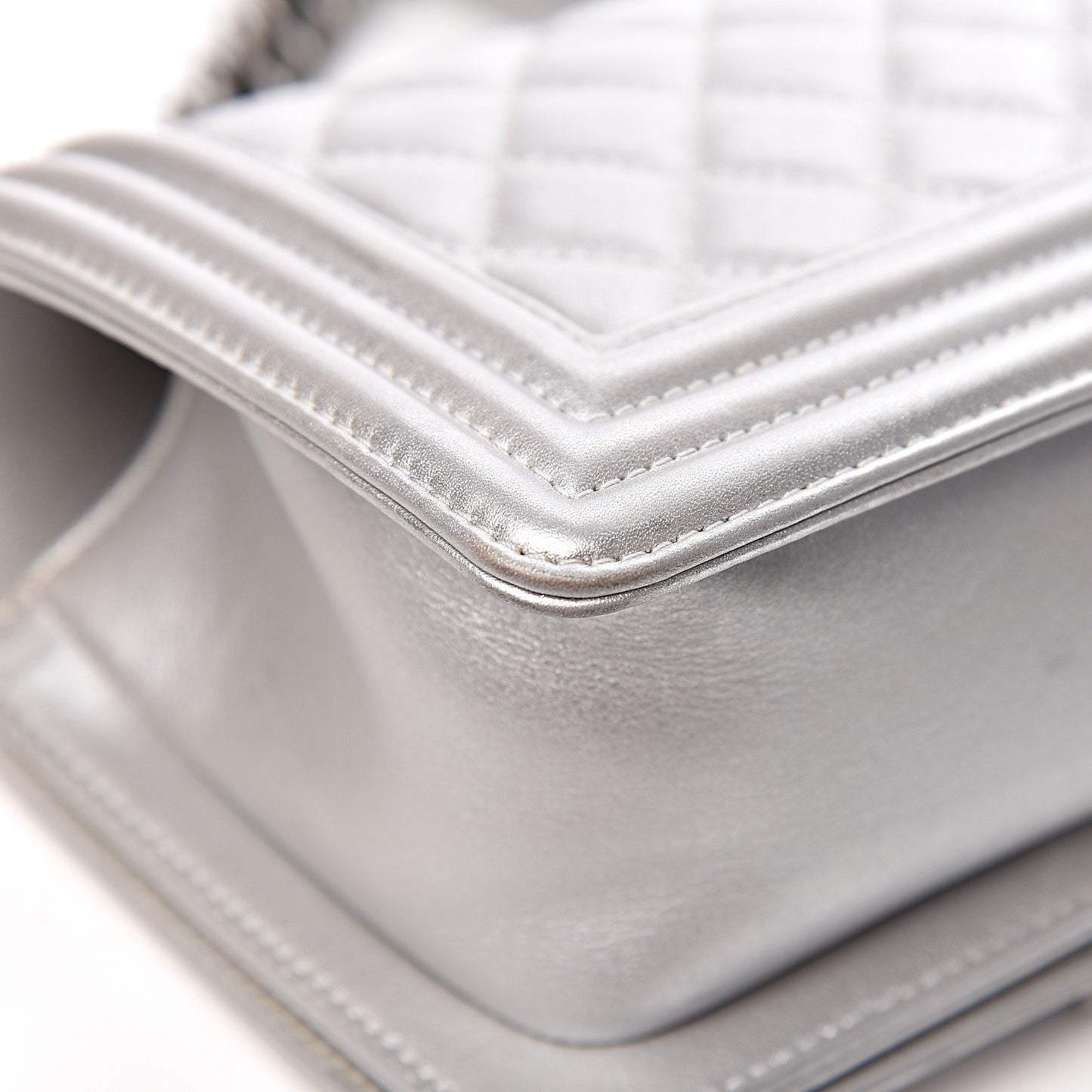 Metallic Calfskin Quilted Small Boy Flap Silver