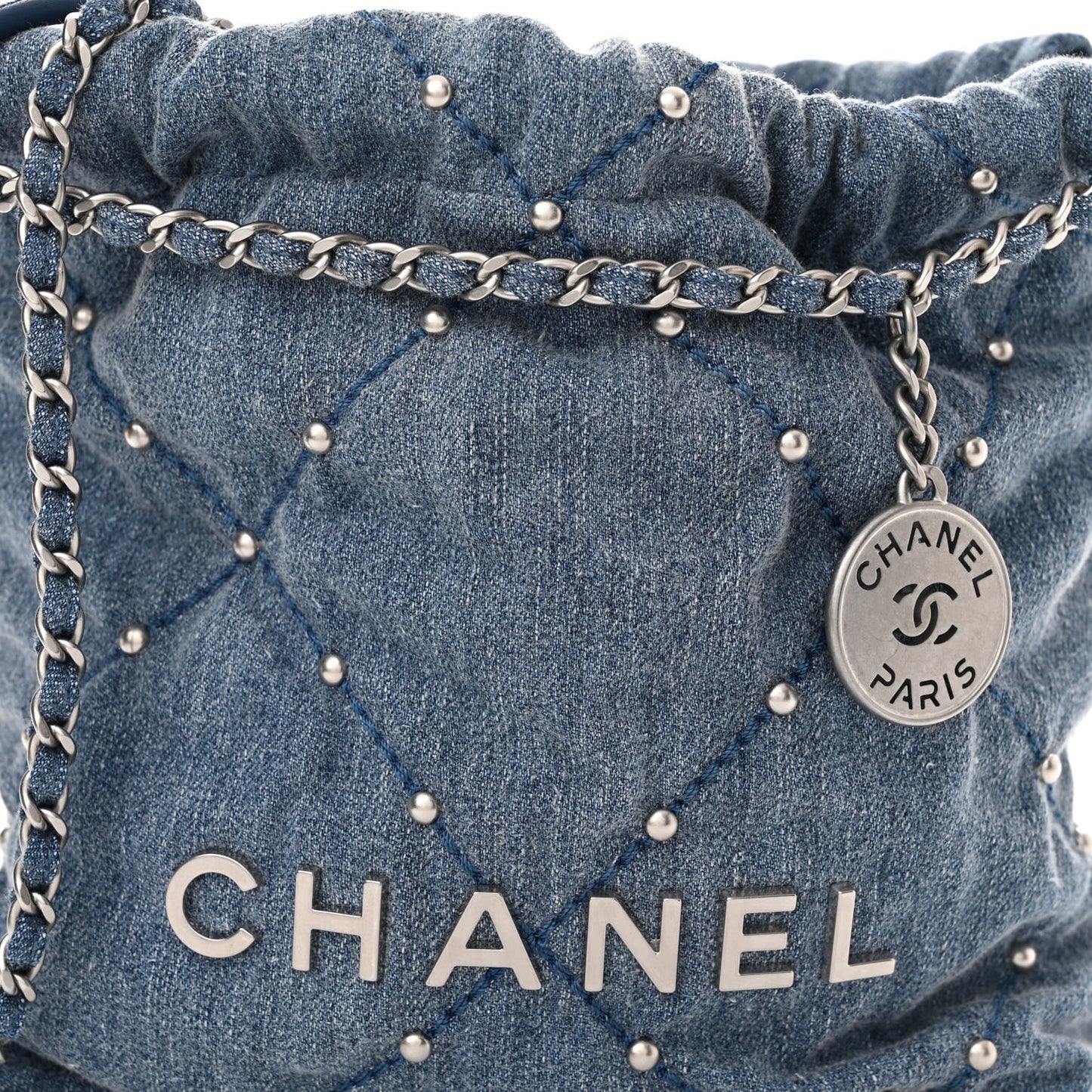 Washed Denim Quilted Studded Mini Chanel 22 Blue