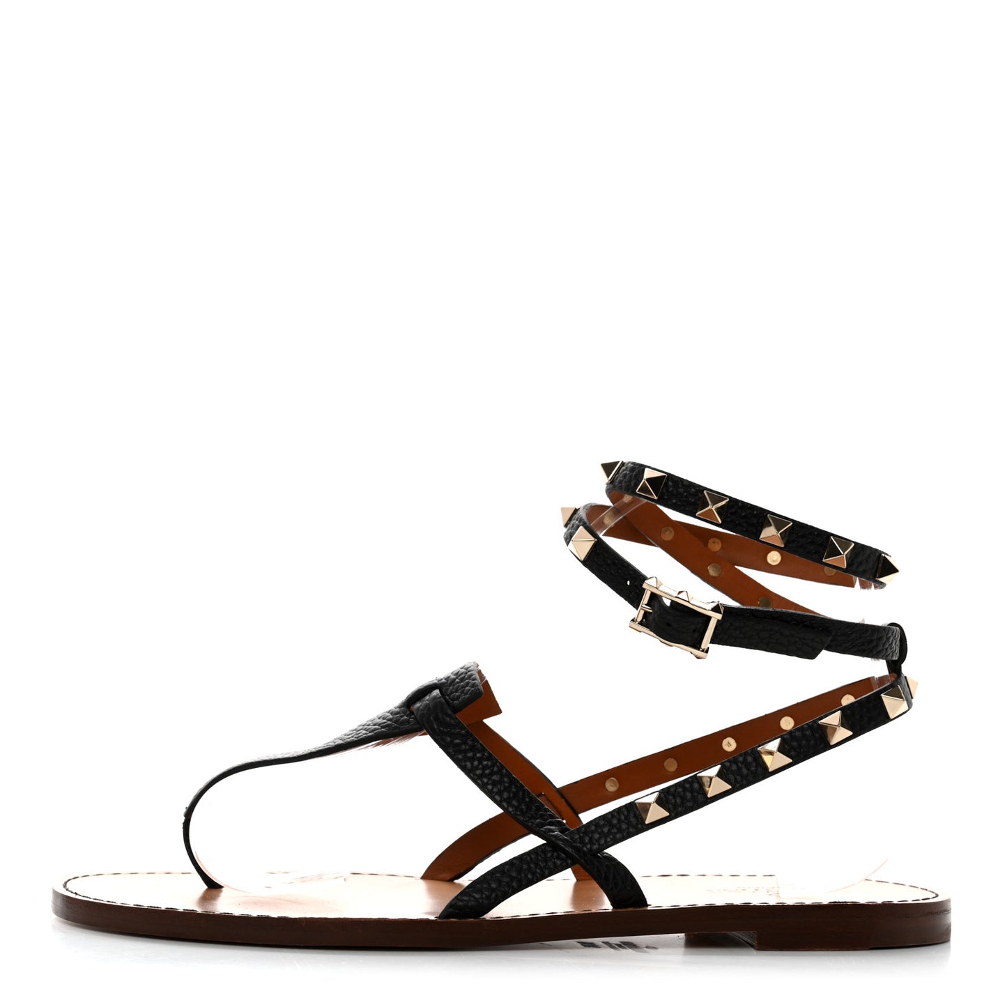 Calfskin Rockstud Ankle Wrap Flat Thong Sandals 39.5 Black