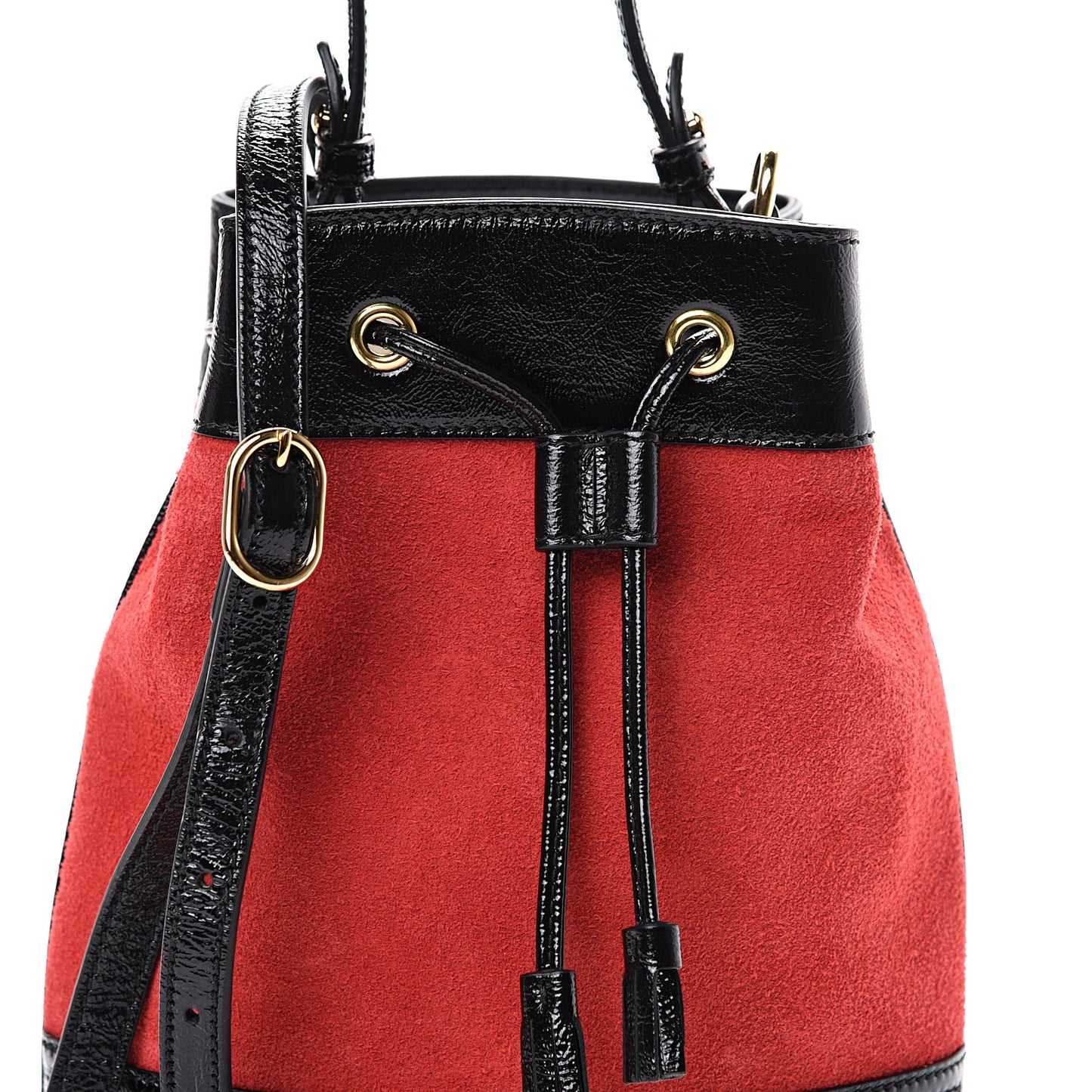Suede Patent Web Small Ophidia Bucket Bag Hibiscus Red Black