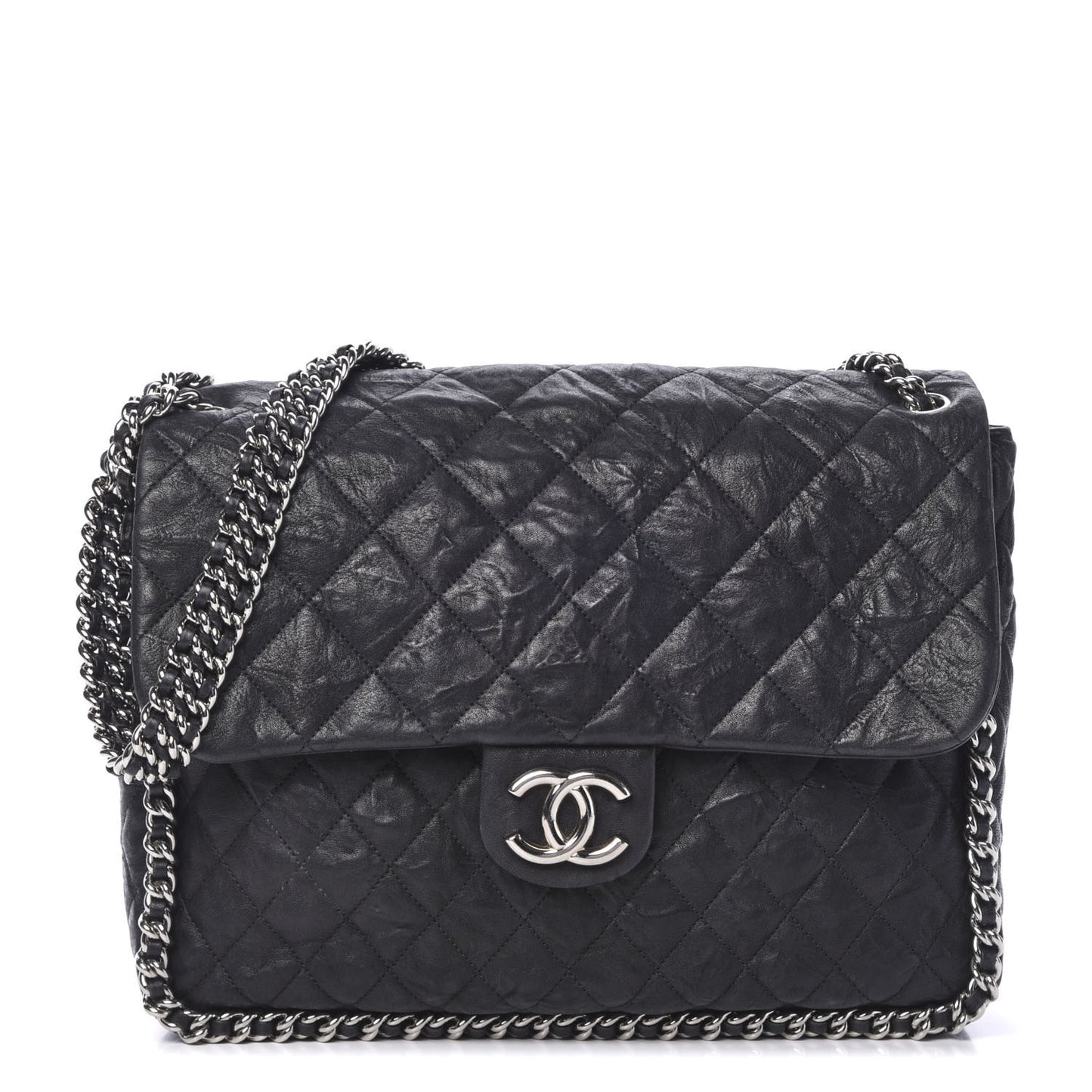 Washed Lambskin Quilted Maxi Chain Around Flap Black