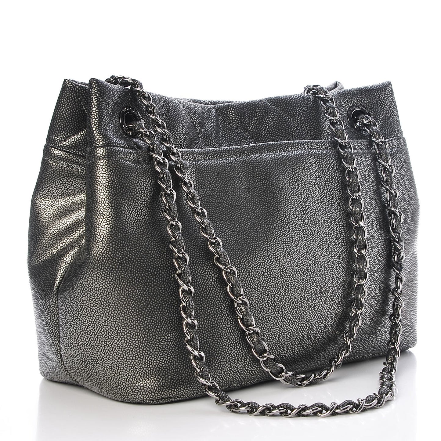 Metallic Caviar Quilted CC Timeless Tote Dark Silver