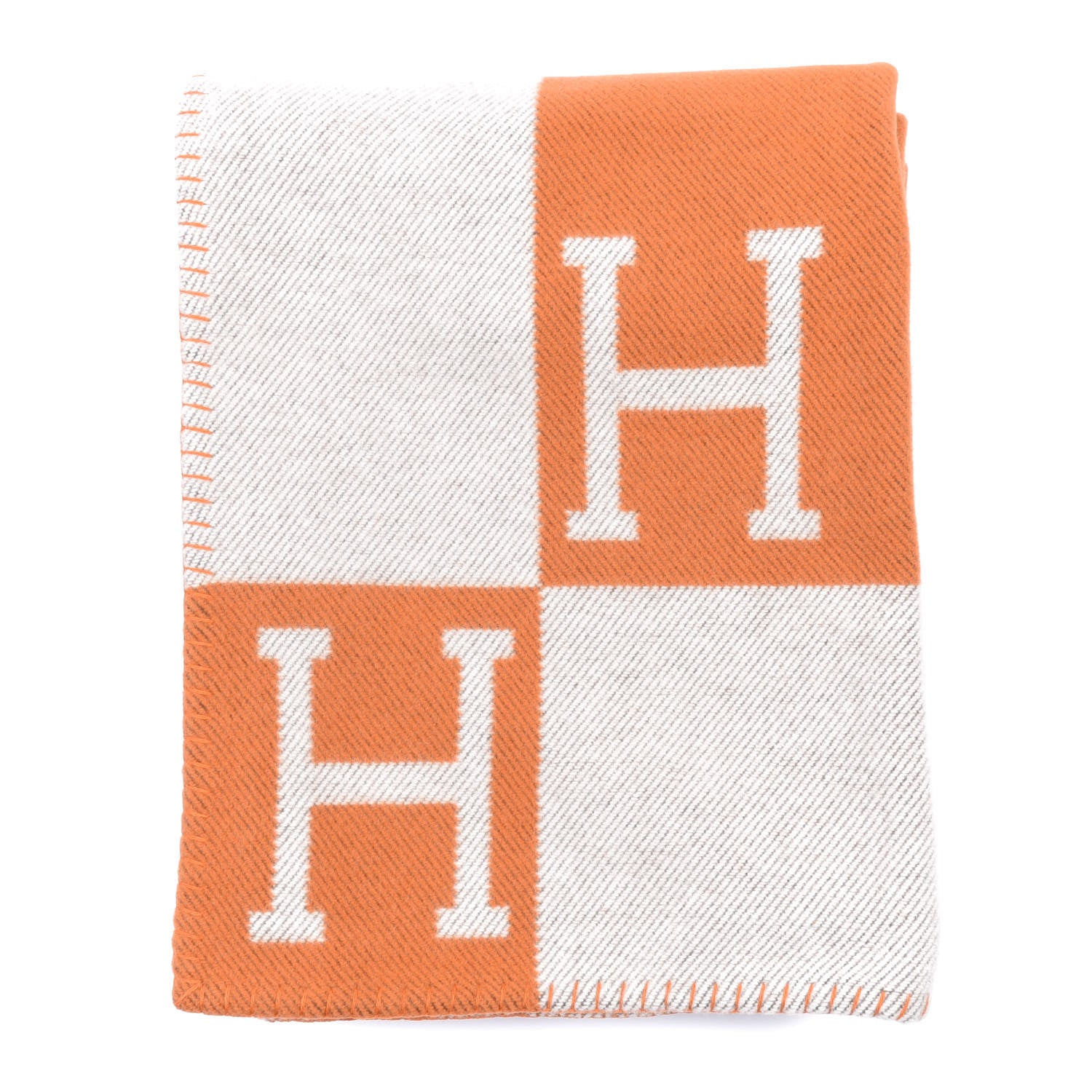 Hermes Wool Cashmere Signature Classic Avalon Blanket Ecru Potiron 1 of 3