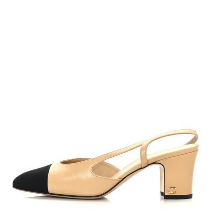 Chanel Goatskin Grosgrain Cap Toe CC Slingback Pumps 38 Beige Black 1 of 8